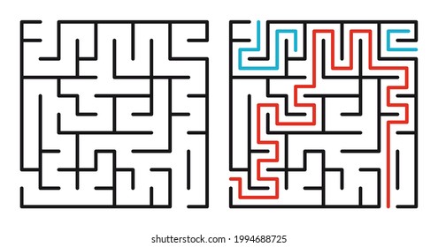 Abstract maze. Find right way. Isolated simple square maze black line on white background. Vector illustration.