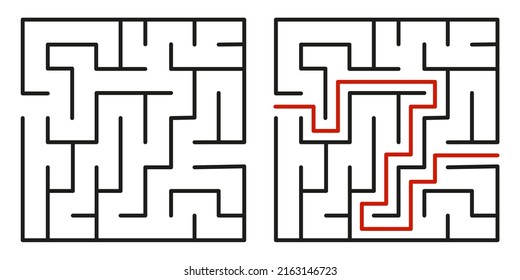 Abstract maze. Find right way. Isolated simple square maze black line on white background. Vector illustration.
