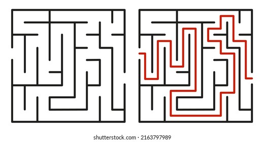 Abstract maze. Find right way. Isolated simple square maze black line on white background. Vector illustration.