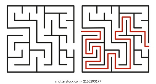 El laberinto abstracto. Encuentra bien. Línea negra aislada de laberinto cuadrado sobre fondo blanco. Ilustración vectorial.
