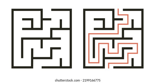 Abstract maze. Find right way. Isolated simple square maze black line on white background. Vector illustration.