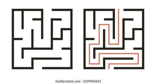 Abstract maze. Find right way. Isolated simple square maze black line on white background. Vector illustration.