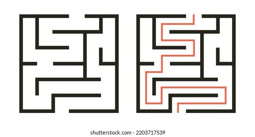 Abstract maze. Find right way. Isolated simple square maze black line on white background. Vector illustration.