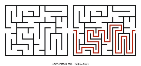 Abstract maze. Find right way. Isolated simple square maze black line on white background. Vector illustration.
