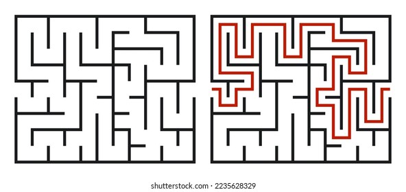 Abstraktes Labyrinth. Finden Sie den richtigen Weg. Einzeln einfache quadratische Labyrinthe, schwarze Linie auf weißem Hintergrund. Vektorgrafik.
