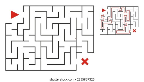 Abstract maze. Find right way. Isolated simple square maze black line on white background. Vector illustration.