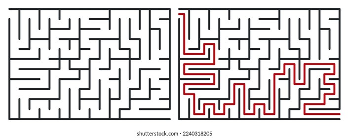 Abstract maze. Find right way. Isolated simple square maze black line on white background. Vector illustration.