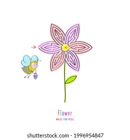 Abstract maze flower. Summer mood. Help the bee find nectar. Game for children and parents. Puzzle for kids. Labyrinth conundrum. Flat vector illustration. 