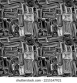 Resumen del fondo geométrico del laberinto. Patrón sin fisuras dibujado a mano con líneas cuadradas en negrita. Fondo vectorial intrincado en blanco y negro con trazos de pincel.
