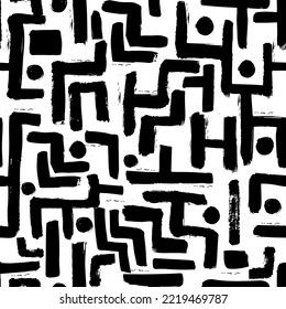 Abstract maze geometric background. Hand drawn seamless pattern with bold  lines. Black and white intricate vector background with brush strokes. 