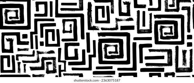 Abstract maze geometric background. Hand drawn seamless pattern with bold square lines. Black and white intricate vector background with brush strokes. Irregular maze and labyrinth pattern.