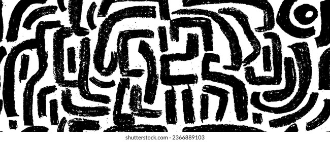 Abstract maze geometric background. Hand drawn seamless pattern with bold rounded lines. Black and white intricate vector background with brush strokes. Irregular maze and labyrinth pattern.