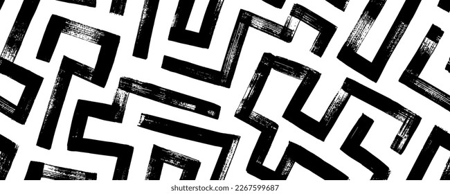 Abstract maze geometric seamless pattern. Hand drawn labyrinth vector background. Square grunge brush strokes. Maze lines pattern. Black and white tech texture. Geometric motives in retro style. 