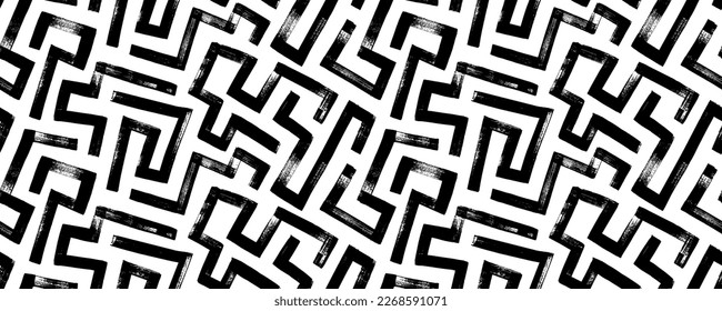 Abstract maze geometric seamless pattern. Hand drawn labyrinth vector background. Square grunge brush strokes. Maze lines pattern. Black and white tech texture. Geometric motives in retro style. 