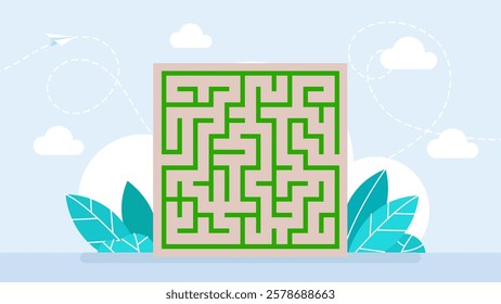 Abstract maze of green hedge. Find right way. Labyrinth garden. Education logic game for kids. Brain trainer. Find the way and right solution for exit. Vector illustration. 