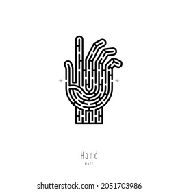 Abstract maze hand. Game for children and parents. Puzzle for kids. Labyrinth conundrum. Flat vector illustration isolated on white background. One Entrance, One Exit.