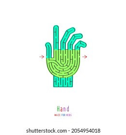 Abstract maze hand. Game for children and parents. Puzzle for kids. Labyrinth conundrum. Flat vector illustration isolated on white background. One Entrance, One Exit.