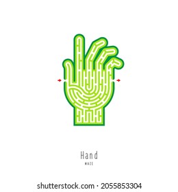 Abstract maze hand. Game for children and parents. Puzzle for kids. Labyrinth conundrum. Flat vector illustration isolated on white background. One Entrance, One Exit.