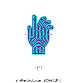 Abstract maze hand. Game for children and parents. Puzzle for kids. Labyrinth conundrum. Flat vector illustration isolated on white background. One Entrance, One Exit.
