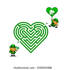 Abstract maze heart. St.Patrick's Day. Help the leprechaun find balloon. Game for children and parents. Puzzle for kids. Labyrinth conundrum. Flat vector illustration. 