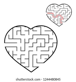 Abstract maze heart. Valentine day. Game for kids. Puzzle for children. One entrance, one exit. Labyrinth conundrum. Flat vector illustration isolated on white background. With answer