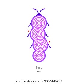 Resumen insecto de laberinto. Juego educativo para niños, lógica y pensamiento. Rompecabezas de color. El acertijo laberíntico. Ilustración vectorial aislada en fondo blanco. Una Entrada, Una Salida. 