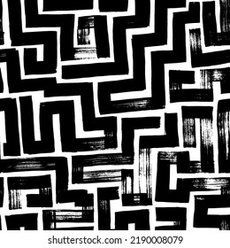 Patrón de laberinto y laberinto geométrico sin costuras. Fondo de vector abstracto monocromo. Patrón griego repetitivo con pinceladas rectas. Diseño digital y tecnológico. Textura en blanco y negro