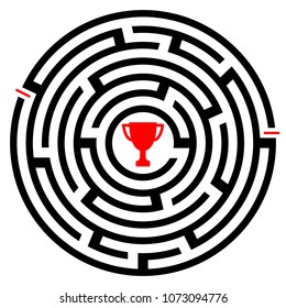 Abstract Maze Labyrinth With Red Winner Trophy Icon.Isolated On A White Background.Vector