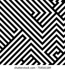 Abstract maze / labyrinth  seamless pattern, black and white lines backdrop