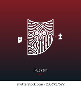 Abstract maze owl. Game for children and parents. Puzzle for kids. Labyrinth conundrum. Flat vector illustration isolated on dark red background. One Entrance, One Exit. 