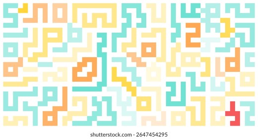 Abstract maze pattern with colorful geometric blocks. Playful, modern, and vibrant design perfect for backgrounds, textiles, or digital decoration.