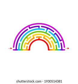 Abstract maze rainbow. Game ame for children and parents. Puzzle for kids. Labyrinth conundrum. Flat vector illustration isolated on white background. One Entrance, One Exit. Cartoon style.