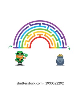 Abstract maze rainbow. St.Patrick's Day. Help the leprechaun find coin pot. Game for children and parents. Puzzle for kids. Labyrinth conundrum. Flat vector illustration.