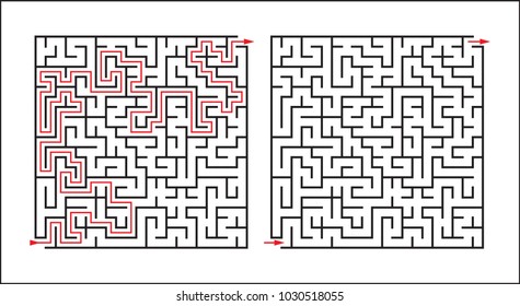 Abstract maze of a rectangle with an input and an output. Empty labyrinth and labyrinth with path of passage. Vector illustration.