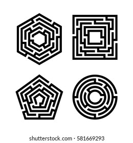 Abstract maze set. Collection of labyrinths in shapes of circle, square, pentahedron and hexahedron. Modern design of mystery patterns for business, decoration. Vector illustration on white background