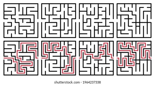 Abstract maze set. Find right way. Isolated simple square maze black line designs on a white background. Vector illustration.