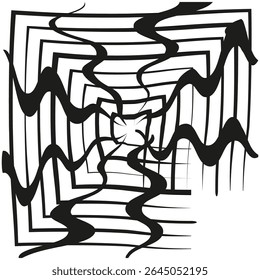 Forma de labirinto abstrato. Vetor branco preto. Estrutura quadrada caótica. Contraste nítido.
