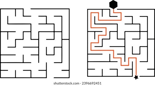 Abstract maze with solution. Find right way. Simple and easy square maze black line on white background. Vector illustration.