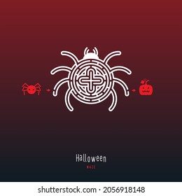 Abstract maze spider. Game for children and parents. Puzzle for kids. Labyrinth conundrum. Flat vector illustration isolated on dark red background. One Entrance, One Exit. 