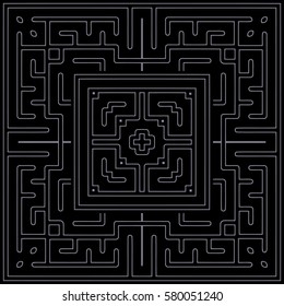 Abstract maze square symmetrical geometric pattern of thin white lines on a black background