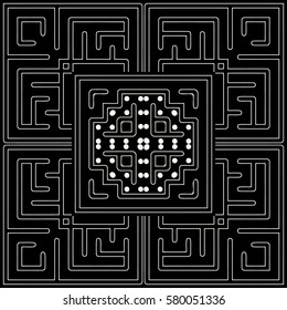 Abstract maze square symmetrical geometric pattern of thin white lines on a black background