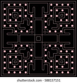 Abstract maze square symmetrical geometric pattern of thin white lines on a black background