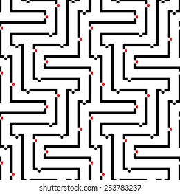 Abstract maze strokes and contrast dots. Seamless pattern. Vector.