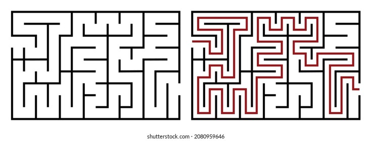 Abstract mazes set. Find the right way. Isolated simple square black lined maze on white background. Vector illustration.
