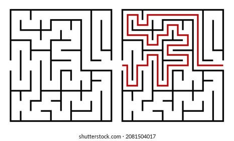 Abstract mazes set. Find the right way. Isolated simple square black lined maze on white background. Vector illustration.
