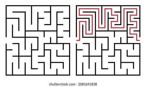 Abstract mazes set. Find the right way. Isolated simple square black lined maze on white background. Vector illustration.
