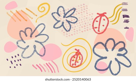 Prado abstracto con flores y mariquitas de fondo de Ilustración vectorial