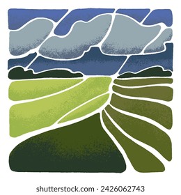 Paisaje de prado abstracto. Campo de verano, paisaje de pastizales. Vista estilizada de la naturaleza del campo con nubes en el cielo oscuro. País en el arte moderno en estilo minimalista. Dibujo a mano ilustración vectorial plana