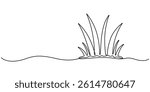 Abstract meadow line with grass. Continuous one line drawing. Vector illustration, Reed one continuous line illustration. Hand drawn doodle drawing of pond on white background, minimalist style pro.