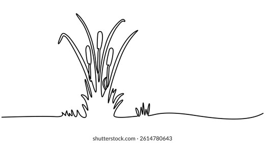 Abstract meadow line with grass. Continuous one line drawing. Vector illustration, Reed one continuous line illustration. Hand drawn doodle drawing of pond on white background, minimalist style pro.